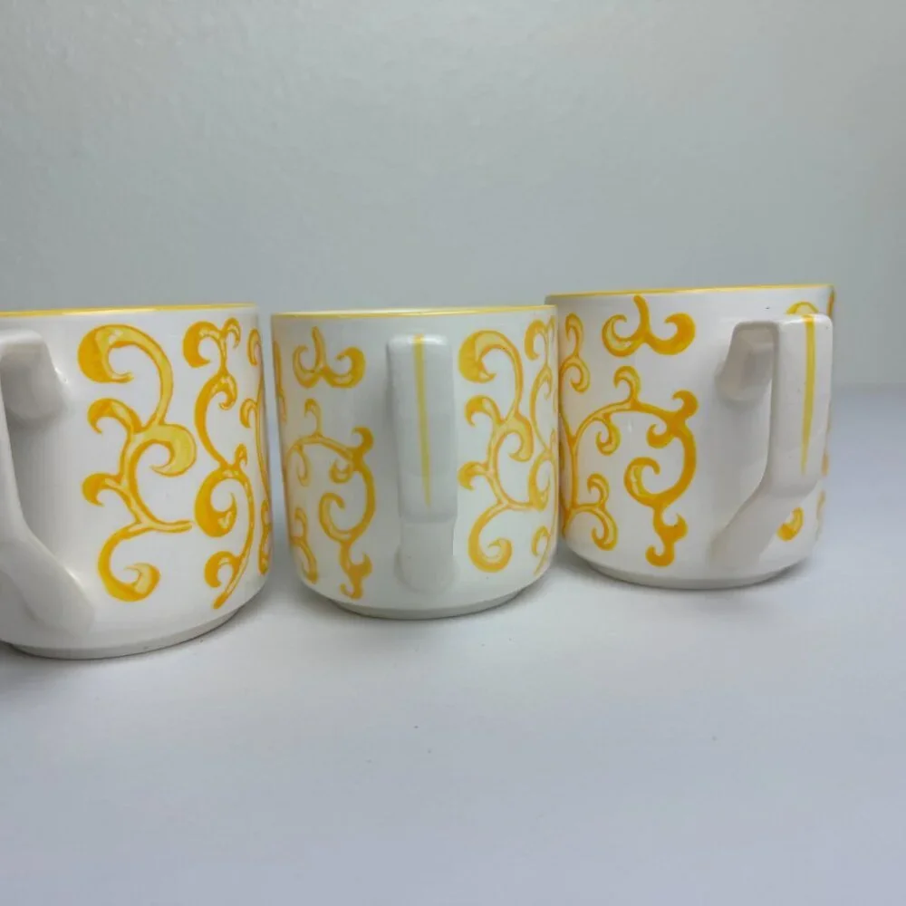 Pier 1 Imports Porcelain Coffee Cup Mug Yellow Pattern Set of 3